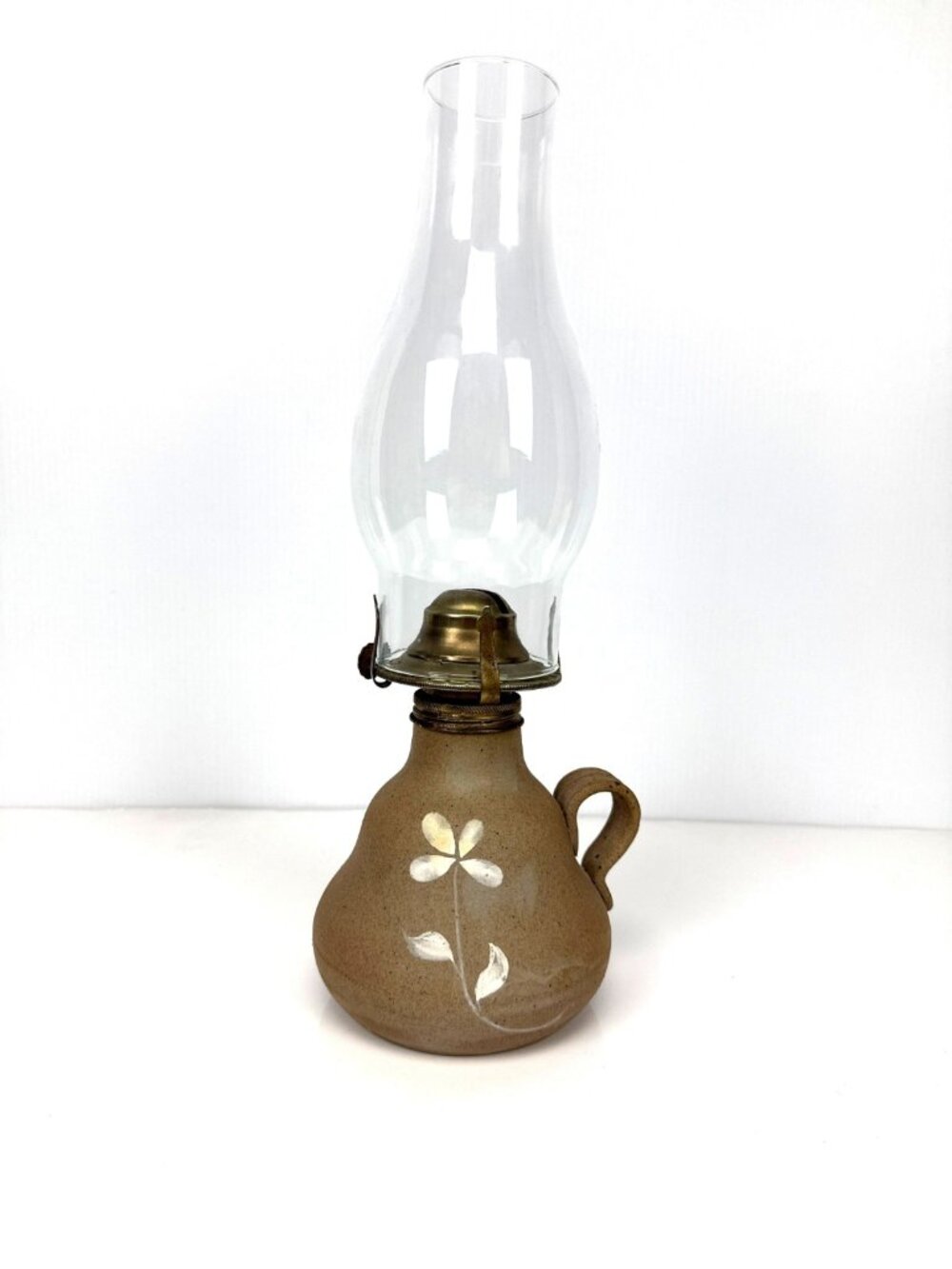 Handcrafted Signed Stoneware Floral Minimalist Grey‎ Oil Lamp 14" OS